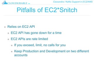 Cassandra / Kafka Support in EC2/AWS
™
Pitfalls of EC2*Snitch
❖ Relies on EC2 API
❖ EC2 API has gone down for a time
❖ EC2 APIs are rate limited
❖ If you exceed, limit, no calls for you
❖ Keep Production and Development on two different
accounts
 