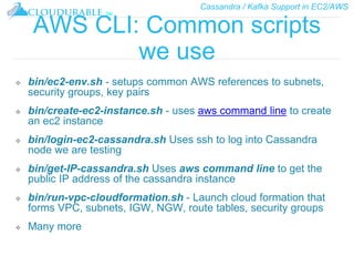 Cassandra / Kafka Support in EC2/AWS
™
AWS CLI: Common scripts
we use
❖ bin/ec2-env.sh - setups common AWS references to subnets,
security groups, key pairs
❖ bin/create-ec2-instance.sh - uses aws command line to create
an ec2 instance
❖ bin/login-ec2-cassandra.sh Uses ssh to log into Cassandra
node we are testing
❖ bin/get-IP-cassandra.sh Uses aws command line to get the
public IP address of the cassandra instance
❖ bin/run-vpc-cloudformation.sh - Launch cloud formation that
forms VPC, subnets, IGW, NGW, route tables, security groups
❖ Many more
 