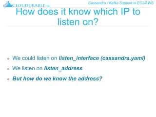 Cassandra / Kafka Support in EC2/AWS
™
How does it know which IP to
listen on?
❖ We could listen on listen_interface (cassandra.yaml)
❖ We listen on listen_address
❖ But how do we know the address?
 