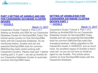 Cassandra / Kafka Support in EC2/AWS
™
SETTING UP ANSIBLE/SSH FOR
CASSANDRA DATABASE CLUSTER
DEVOPS PART 1
IN ANSIBLE
March 11, 2017
Cassandra Cluster Tutorial 3: Part 1 of 2
Setting up Ansible/SSH for our Cassandra
Database Cluster for DevOps/DBA Tasks
Ansible and ssh are essential DevOps/DBA
tools for common DBA/DevOps tasks like
managing backups, rolling upgrades to the
Cassandra cluster in AWS/EC2, and so much
more. An excellent aspect of Ansible is that it
uses ssh, so you do not have to install an
agent to use Ansible. This article series
centers on how DevOps/DBA tasks with the
Cassandra Database.
PART 2 SETTING UP ANSIBLE AND SSH
FOR CASSANDRA DATABASE CLUSTER
DEVOPS
IN ANSIBLE
March 11, 2017
Cassandra Cluster Tutorial 3: Part 2 of 2
Setting up Ansible and SSH for our Cassandra
Database Cluster for DevOps/DBA Tasks This
tutorial series centers on how DevOps/DBA
tasks with the Cassandra Database. As we
mentioned before, Ansible and ssh are
essential DevOps/DBA tools for common
DBA/DevOps tasks whilst working with
Cassandra Clusters. Please read part 1 before
reading part 2. In part 1, we set up Ansible for
our Cassandra Database Cluster to automate
common DevOps/DBA tasks.
 