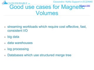 Cassandra / Kafka Support in EC2/AWS
™
Good use cases for Magnetic
Volumes
❖ streaming workloads which require cost effective, fast,
consistent I/O
❖ big data
❖ data warehouses
❖ log processing
❖ Databases which use structured merge tree
Amazon EBS
 