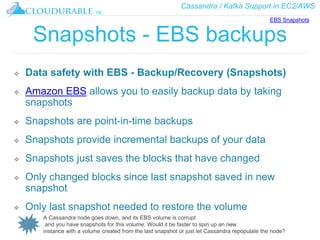 Cassandra / Kafka Support in EC2/AWS
™
Snapshots - EBS backups
❖ Data safety with EBS - Backup/Recovery (Snapshots)
❖ Amazon EBS allows you to easily backup data by taking
snapshots
❖ Snapshots are point-in-time backups
❖ Snapshots provide incremental backups of your data
❖ Snapshots just saves the blocks that have changed
❖ Only changed blocks since last snapshot saved in new
snapshot
❖ Only last snapshot needed to restore the volume
EBS Snapshots
A Cassandra node goes down, and its EBS volume is corrupt
and you have snapshots for this volume. Would it be faster to spin up an new
instance with a volume created from the last snapshot or just let Cassandra repopulate the node?
 