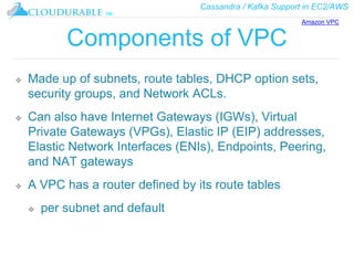 Cassandra / Kafka Support in EC2/AWS
™
Components of VPC
❖ Made up of subnets, route tables, DHCP option sets,
security groups, and Network ACLs.
❖ Can also have Internet Gateways (IGWs), Virtual
Private Gateways (VPGs), Elastic IP (EIP) addresses,
Elastic Network Interfaces (ENIs), Endpoints, Peering,
and NAT gateways
❖ A VPC has a router defined by its route tables
❖ per subnet and default
Amazon VPC
 