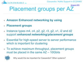 Cassandra / Kafka Support in EC2/AWS
™
Placement groups per AZ
❖ Amazon Enhanced networking by using
❖ Placement groups
❖ Instance types m4, c4, p2, g2, r3, g2, x1, i2 and d2
support enhanced networking/placement groups
❖ Essential for high-speed server to server performance
which is important for clustering
❖ To achieve maximum throughput, placement groups
must be placed in the same AZ – 10Gbits
Why would this be important for Cassandra? Other systems?
Amazon VPC
 