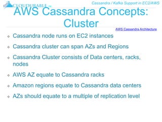 Cassandra / Kafka Support in EC2/AWS
™
AWS Cassandra Concepts:
Cluster
❖ Cassandra node runs on EC2 instances
❖ Cassandra cluster can span AZs and Regions
❖ Cassandra Cluster consists of Data centers, racks,
nodes
❖ AWS AZ equate to Cassandra racks
❖ Amazon regions equate to Cassandra data centers
❖ AZs should equate to a multiple of replication level
AWS Cassandra Architecture
 
