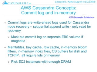Cassandra / Kafka Support in EC2/AWS
™
AWS Cassandra Concepts:
Commit log and in-memory
❖ Commit logs are write-ahead logs used for Cassandra
node recovery – sequential append write - only read for
recovery
❖ Must but commit log on separate EBS volume if
magnetic
❖ Memtables, key cache, row cache, in-memory bloom
filters, in-memory index files, OS buffers for disk and
TCP/IP, all require lots of memory
❖ Pick EC2 instances with enough DRAM
AWS Cassandra Architecture
 