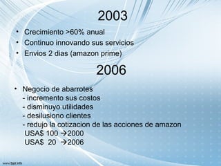 2003
• Crecimiento >60% anual
• Continuo innovando sus servicios
• Envios 2 dias (amazon prime)

                        2006
• Negocio de abarrotes
  - incremento sus costos
  - disminuyo utilidades
  - desilusiono clientes
  - redujo la cotizacion de las acciones de amazon
   USA$ 100 2000
   USA$ 20 2006
 