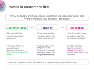 Invest in customers first

   “If you do build a great experience, customers tell each other about that.
                   Word of mouth is very powerful.” Jeff Bezos


Customer focus                           Frugality                        Innovation
“We start with the                 “Amazon is spending                “I think frugality drives
customer and work                  money on things that               innovation, just like
backward.”                         matter to customers.”              other constraints do.”


Following a bottom-up              Frugality is part of the           Amazon is always
approach, every                    company‟s DNA:                     looking for simple
decision at Amazon is              Amazon is continually              solutions in order to
driven by the customer‟s           looking for ways to do             provide lower prices to its
needs.                             things cost-effectively.           customer.



   Amazon created a trusted, informative and loyal relationship with its customers.
 