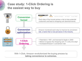 Case study: 1-Click Ordering is
the easiest way to buy

       Conversion
         funnel               Each step of the funnel carries a risk to lose potential
                              customers and lead to shopping cart abandonments.




      Conversion             Amazon monitored each step to improve its conversion
                             rate, a tactic that is now pervasive in the industry.
      optimization


                             • Patented in 1997, and licensed to Apple in 2000
         1-Click             • Allows to bypass the shopping cart: it‟s only one step!
        Ordering             • Increased Amazon‟s conversion rate




    With 1-Click, Amazon revolutionized the buying process by
                taking convenience to extremes.
 