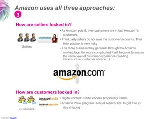 Amazon uses all three approaches:
                  3 lock-in
                 How are sellers locked in?
                                     • As Amazon puts it, their customers are in fact Amazon‟s
                                        customers.
                                     • Third party sellers do not own the customer accounts. Thus
                                        their position is very risky.
                       Sellers       • The more business they generate through the Amazon
                                        marketplace, the more complicated it will become to ensure
                                        the same level of customer experience (building
                                        infrastructure, customer service…).




                 How are customers locked in?
                                     • Digital content: Kindle ebooks proprietary format
                                     • Amazon Prime program: annual subscription to get free 2-
                                        day shipping
                      Customers

Icons from Ahasoft.
 