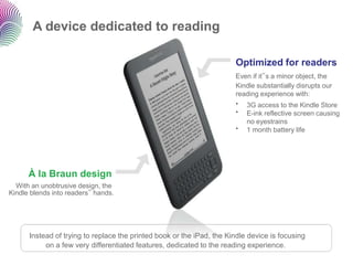 A device dedicated to reading

                                                                       Optimized for readers
                                                                       Even if it‟s a minor object, the
                                                                       Kindle substantially disrupts our
                                                                       reading experience with:
                                                                       • 3G access to the Kindle Store
                                                                       • E-ink reflective screen causing
                                                                          no eyestrains
                                                                       • 1 month battery life




      À la Braun design
  With an unobtrusive design, the
Kindle blends into readers‟ hands.




      Instead of trying to replace the printed book or the iPad, the Kindle device is focusing
           on a few very differentiated features, dedicated to the reading experience.
 