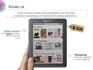 Kindle v4
                    Even if Amazon faces strong competition from the iPad,
               it will never compromise on the long-form reading experience.




   Color screen
The Mirasol technology
     delivers color and
                 video.




                                                                         Shopping
                                                                         Users can subscribe
                                                                         to book categories
 