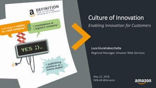 Culture of Innovation
Enabling Innovation for Customers
Luca Giuratrabocchetta
Regional Manager, Amazon Web Services
May 22, 2018
INNLAB @Amazon
 