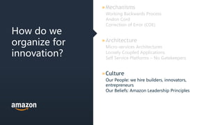 » Mechanisms
Working Backwards Process
Andon Cord
Correction of Error (COE)
» Architecture
Micro-services Architectures
Loosely Coupled Applications
Self Service Platforms – No Gatekeepers
» Culture
Our People: we hire builders, innovators,
entrepreneurs
Our Beliefs: Amazon Leadership Principles
How do we
organize for
innovation?
 