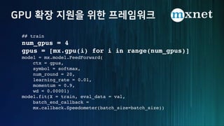 ## train
num_gpus = 4
gpus = [mx.gpu(i) for i in range(num_gpus)]
model = mx.model.FeedForward(
ctx = gpus,
symbol = softmax,
num_round = 20,
learning_rate = 0.01,
momentum = 0.9,
wd = 0.00001)
model.fit(X = train, eval_data = val,
batch_end_callback =
mx.callback.Speedometer(batch_size=batch_size))
 