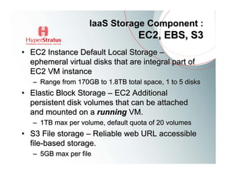IaaS Storage Component :
                                    EC2, EBS, S3
• EC2 Instance Default Local Storage –
  ephemeral virtual disks that are integral part of
  EC2 VM instance
   – Range from 170GB to 1.8TB total space, 1 to 5 disks
• Elastic Block Storage – EC2 Additional
  persistent disk volumes that can be attached
  and mounted on a running VM.
   – 1TB max per volume, default quota of 20 volumes
• S3 File storage – Reliable web URL accessible
  file-based storage.
   – 5GB max per file
 