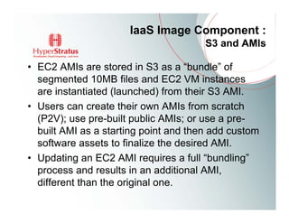 IaaS Image Component :
                                       S3 and AMIs

• EC2 AMIs are stored in S3 as a “bundle” of
  segmented 10MB files and EC2 VM instances
  are instantiated (launched) from their S3 AMI.
• Users can create their own AMIs from scratch
  (P2V); use pre-built public AMIs; or use a pre-
  built AMI as a starting point and then add custom
  software assets to finalize the desired AMI.
• Updating an EC2 AMI requires a full “bundling”
  process and results in an additional AMI,
  different than the original one.
 