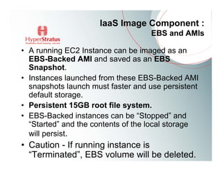 IaaS Image Component :
                                   EBS and AMIs

• A running EC2 Instance can be imaged as an
  EBS-Backed AMI and saved as an EBS
  Snapshot.
• Instances launched from these EBS-Backed AMI
  snapshots launch must faster and use persistent
  default storage.
• Persistent 15GB root file system.
• EBS-Backed instances can be “Stopped” and
  “Started” and the contents of the local storage
  will persist.
• Caution - If running instance is
  “Terminated”, EBS volume will be deleted.
 