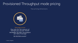 ©2018, AmazonWebServices, Inc. or its affiliates. All rights reserved.©2018, AmazonWebServices, Inc. or its affiliates. All rights reserved.
Provisioned Throughput mode pricing
* US N. Virginia
$0.30/GiB-month*
S to rag e price
Pay only for the amount of
storage you use per month
Inclu des 50 KiB/s throughput
per GiB of storage
Two pricing dimensions
 