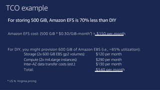 ©2018, AmazonWebServices, Inc. or its affiliates. All rights reserved.©2018, AmazonWebServices, Inc. or its affiliates. All rights reserved.
TCO example
Amazon EFS cost: (500 GiB * $0.30/GiB-month*) = $150 per month
For DIY, you might provision 600 GiB of Amazon EBS (i.e., ~85% utilization):
Storage (2x 600 GiB EBS gp2 volumes): $120 per month
Compute (2x m4.xlarge instances): $290 per month
Inter-AZ data transfer costs (est.): $130 per month
Total: $540 per month
For storing 500 GiB, Amazon EFS is 70% less than DIY
* US N. Virginia pricing
 
