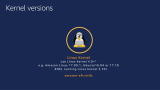 ©2018, AmazonWebServices, Inc. or its affiliates. All rights reserved.©2018, AmazonWebServices, Inc. or its affiliates. All rights reserved.
Kernel versions
Linux Kernel
use Lin ux kern el 4 .0 + *
e.g . A m azo n Lin ux 1 7 .0 9 .1 , U bun tu1 6 .0 4 o r 1 7 .1 0
• R H EL run n in g Lin ux kern el 3 .1 0 +
am azo n -efs-u tils
 