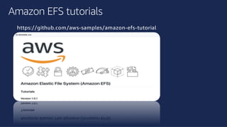 ©2018, AmazonWebServices, Inc. or its affiliates. All rights reserved.©2018, AmazonWebServices, Inc. or its affiliates. All rights reserved.
Amazon EFS tutorials
https://github.com/aws-samples/amazon-efs-tutorial
 