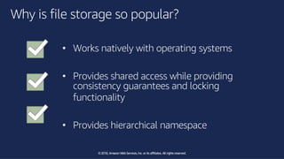 ©2018, AmazonWebServices, Inc. or its affiliates. All rights reserved.©2018, AmazonWebServices, Inc. or its affiliates. All rights reserved.
Why is file storage so popular?
• Works natively with operating systems
• Provides shared access while providing
consistency guarantees and locking
functionality
• Provides hierarchical namespace
 