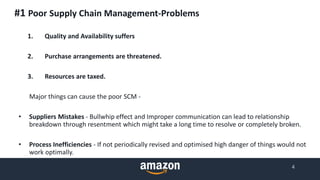 #1 Poor Supply Chain Management-Problems
4
1. Quality and Availability suffers
2. Purchase arrangements are threatened.
3. Resources are taxed.
Major things can cause the poor SCM -
• Suppliers Mistakes - Bullwhip effect and Improper communication can lead to relationship
breakdown through resentment which might take a long time to resolve or completely broken.
• Process Inefficiencies - If not periodically revised and optimised high danger of things would not
work optimally.
 