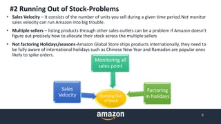 #2 Running Out of Stock-Problems
6
Running Out
of Stock
Sales
Velocity
Monitoring all
sales point
Factoring
in holidays
• Sales Velocity – It consists of the number of units you sell during a given time period.Not monitor
sales velocity can run Amazon into big trouble.
• Multiple sellers – listing products through other sales outlets can be a problem if Amazon doesn’t
figure out precisely how to allocate their stock across the multiple sellers
• Not factoring Holidays/seasons-Amazon Global Store ships products internationally, they need to
be fully aware of international holidays such as Chinese New Year and Ramadan are popular ones
likely to spike orders.
 