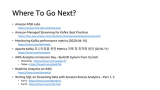 Where To Go Next?
• Amazon MSK Labs
https://amazonmsk-labs.workshop.aws/
• Amazon Managed Streaming for Kafka: Best Practices
https://docs.aws.amazon.com/msk/latest/developerguide/bestpractices.html
• Monitoring Kafka performance metrics (2020-04-16)
https://tinyurl.com/y6hrhwbq
• Apache Kafka 모니터링을 위한 Metrics 이해 및 최적화 방안 (2018-11)
https://tinyurl.com/y4uwyenx
• AWS Analytics Immersion Day - Build BI System from Scratch
• Workshop - https://tinyurl.com/yapgwv77
• Slides - https://tinyurl.com/ybxkb74b
• Realtime Analytics on AWS
https://tinyurl.com/y3evwm3v
• Writing SQL on Streaming Data with Amazon Kinesis Analytics – Part 1, 2
• Part1 - https://tinyurl.com/y8vo8q7o
• Part2 - https://tinyurl.com/ycbv7wel
 