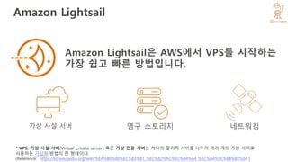 Amazon Lightsail
가상 사설 서버 영구 스토리지 네트워킹
Amazon Lightsail은 AWS에서 VPS를 시작하는
가장 쉽고 빠른 방법입니다.
* VPS: 가상 사설 서버(Virtual private server) 혹은 가상 전용 서버는 하나의 물리적 서버를 나누어 여러 개의 가상 서버로
사용하는 가상화 방법의 한 형태이다.
(Reference: https://ko.wikipedia.org/wiki/%EA%B0%80%EC%83%81_%EC%82%AC%EC%84%A4_%EC%84%9C%EB%B2%84 )
 