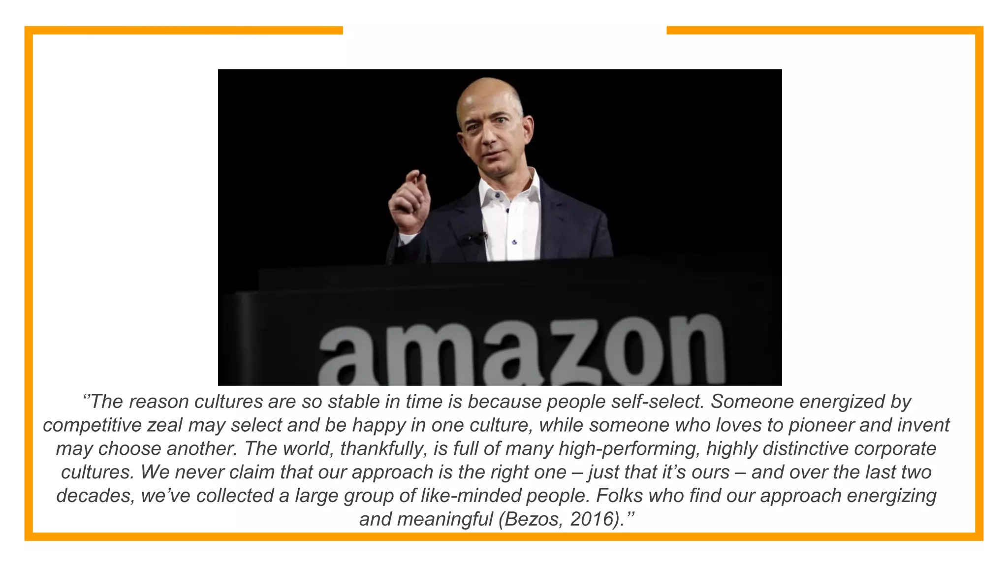 ‘’The reason cultures are so stable in time is because people self-select. Someone energized by
competitive zeal may select and be happy in one culture, while someone who loves to pioneer and invent
may choose another. The world, thankfully, is full of many high-performing, highly distinctive corporate
cultures. We never claim that our approach is the right one – just that it’s ours – and over the last two
decades, we’ve collected a large group of like-minded people. Folks who find our approach energizing
and meaningful (Bezos, 2016).’’
The reason cultures are so stable in time is
because people self-select. Someone
energized by competitive zeal may select
and be happy in one culture, while
someone who loves to pioneer and invent
may choose another. The world, thankfully,
is full of many high-performing, highly
 