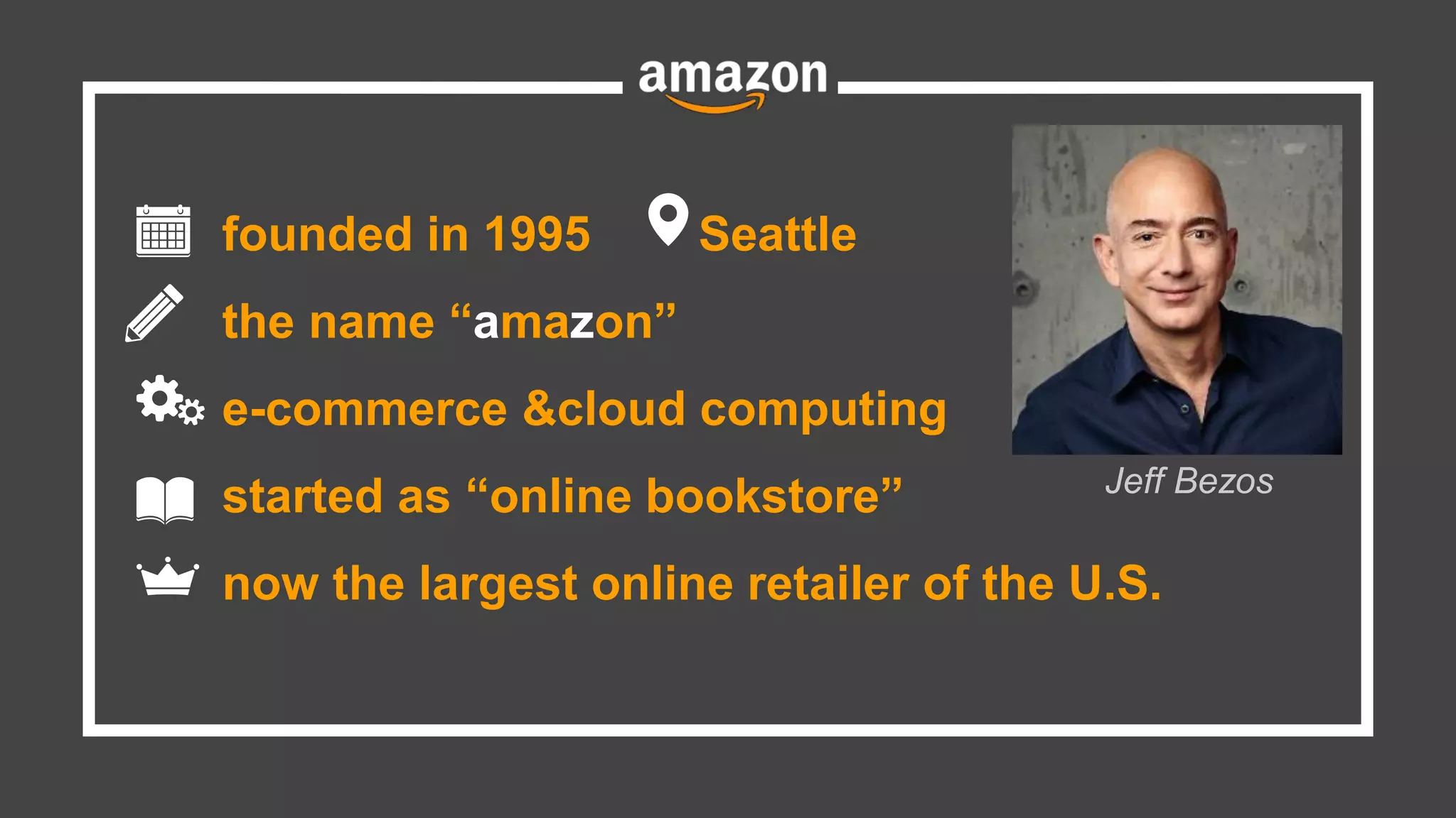 founded in 1995 Seattle
the name “amazon”
e-commerce &cloud computing
started as “online bookstore”
now the largest online retailer of the U.S.
Jeff Bezos
 