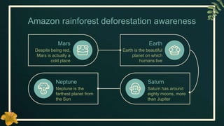 Amazon rainforest deforestation awareness
Mars
Despite being red,
Mars is actually a
cold place
Saturn
Saturn has around
eighty moons, more
than Jupiter
Earth
Earth is the beautiful
planet on which
humans live
Neptune
Neptune is the
farthest planet from
the Sun
 