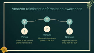 Amazon rainforest deforestation awareness
Venus
Venus is the second
planet from the Sun
1
Mercury
Mercury is the closest
planet to the Sun
2
Neptune
Neptune is very far
away from the Sun
3
 