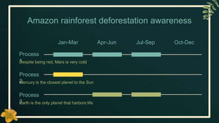 Amazon rainforest deforestation awareness
Jan-Mar Apr-Jun Jul-Sep Oct-Dec
Process
1
Despite being red, Mars is very cold
Process
2
Mercury is the closest planet to the Sun
Process
3
Earth is the only planet that harbors life
 