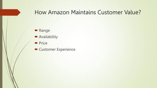 How Amazon Maintains Customer Value?
 Range
 Availability
 Price
 Customer Experience
 