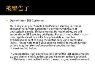  Dear Amazon SES Customer,
Our analysis of your Simple Email Service sending pattern is
showing that certain parameter(s) of your sending are at
unacceptable levels. If these metrics do not improve, we will
suspend your SES sending privileges. For each metric that is at an
unacceptable level, we will allow you a defined number
of emails to be sent to bring the metric back up to acceptable
levels. Please note that if your sending quality decreases further
actions may be taken before you have sent the number
of emails noted below.
*Unacceptably High Bounce Rate: 2,367 of the last approximately
24,000 distinct emails addresses you have sent to have bounced.
*This issue must be fixed within the next 40,000 emails you send.
 