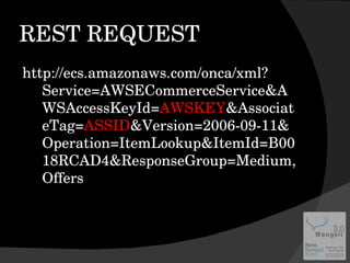 REST REQUEST http://ecs.amazonaws.com/onca/xml?Service=AWSECommerceService&AWSAccessKeyId= AWSKEY &AssociateTag= ASSID &Version=2006-09-11&Operation=ItemLookup&ItemId=B0018RCAD4&ResponseGroup=Medium,Offers 