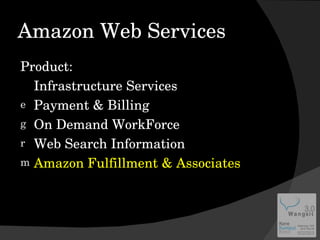 Amazon Web Services Product: Infrastructure Services Payment & Billing On Demand WorkForce Web Search Information Amazon Fulfillment & Associates 