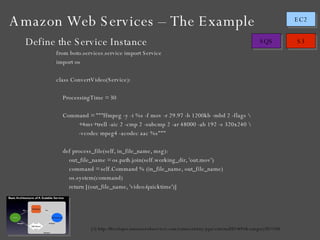 Amazon Web Services – The Example [1] http://developer.amazonwebservices.com/connect/entry.jspa?externalID=691&categoryID=100 Define the Service Instance from boto.services.service import Service import os class ConvertVideo(Service): ProcessingTime = 30 Command = """ffmpeg -y -i %s -f mov -r 29.97 -b 1200kb -mbd 2 -flags \ +4mv+trell -aic 2 -cmp 2 -subcmp 2 -ar 48000 -ab 192 -s 320x240 \ -vcodec mpeg4 -acodec aac %s""" def process_file(self, in_file_name, msg): out_file_name = os.path.join(self.working_dir, 'out.mov') command = self.Command % (in_file_name, out_file_name) os.system(command) return [(out_file_name, 'video/quicktime')] 