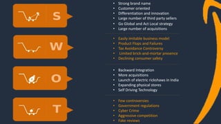 • Few controversies
• Government regulations
• Cyber Crime
• Aggressive competition
• Fake reviews
• Backward Integration
• More acquisitions
• Launch of electric rickshaws in India
• Expanding physical stores
• Self Driving Technology
• Easily imitable business model
• Product Flops and Failures
• Tax Avoidance Controversy
• Limited brick-and-mortar presence
• Declining consumer safety
• Strong brand name
• Customer oriented
• Go Global and Act Local strategy
• Large number of acquisitions
• Differentiation and innovation
• Large number of third party sellers
 