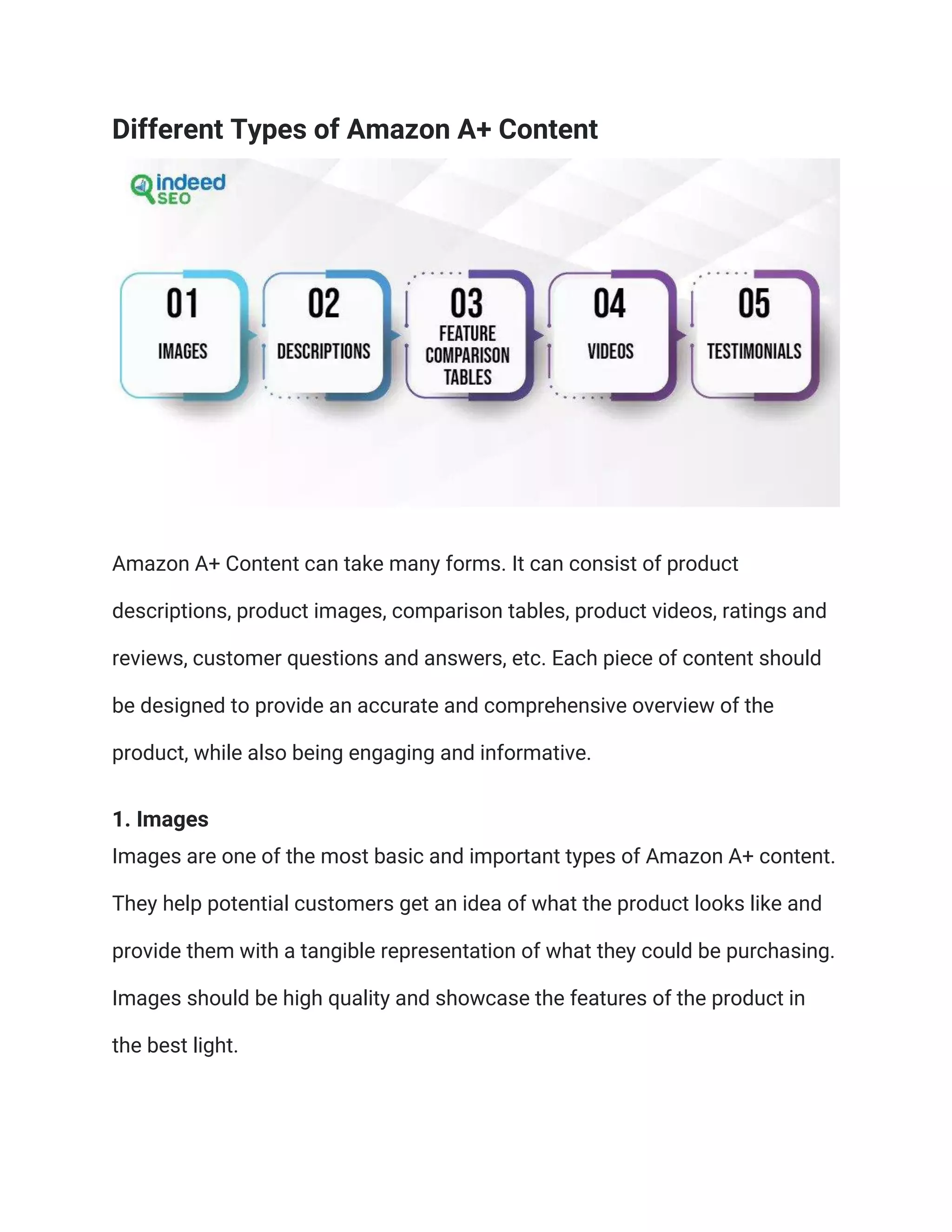 Different Types of Amazon A+ Content
Amazon A+ Content can take many forms. It can consist of product
descriptions, product images, comparison tables, product videos, ratings and
reviews, customer questions and answers, etc. Each piece of content should
be designed to provide an accurate and comprehensive overview of the
product, while also being engaging and informative.
1. Images
Images are one of the most basic and important types of Amazon A+ content.
They help potential customers get an idea of what the product looks like and
provide them with a tangible representation of what they could be purchasing.
Images should be high quality and showcase the features of the product in
the best light.
 