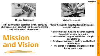 Mission
and Vision
Mission Statement:
"To be Earth's most customer-centric company,
where customers can find and discover anything
they might want to buy online."
Vision Statement:
"To be the world's most trusted and valuable
company, where:
• -Customers can find and discover anything
they might want to buy online
• - Businesses can grow and thrive through
our platform
• - Employees are happy, healthy, and fulfilled
in their work
• - The planet is protected and preserved for
future generations
MISSION
AND
VISION
10
 