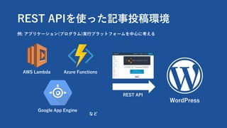 REST APIʹäӛͶh
AWS Lambda
: ץꥱ`(ץ)g?ץåȥե`?˿
Azure Functions
Google App Engine
WordPress
REST API
ʤ
 