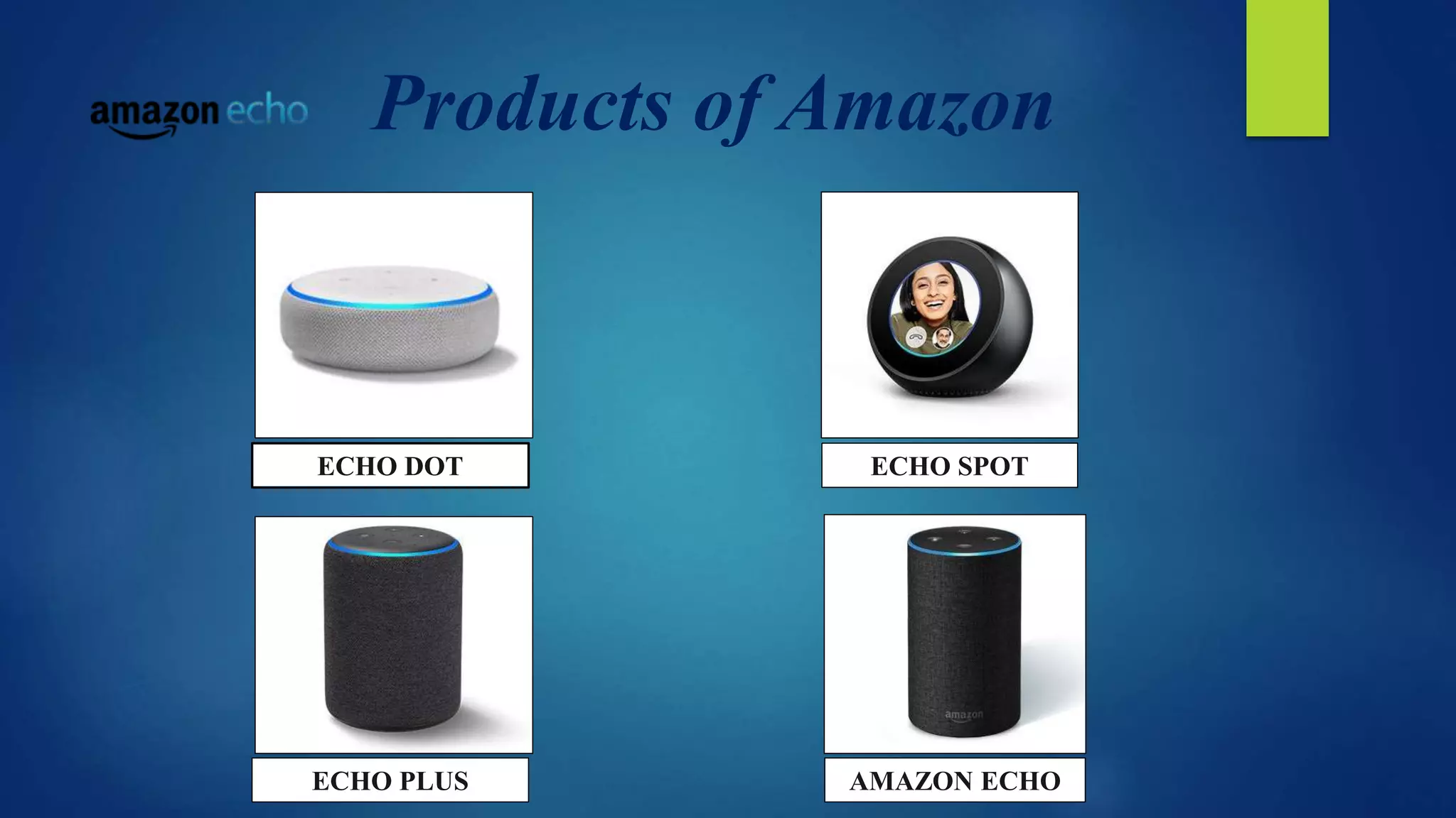 Products of Amazon
ECHO DOT
ECHO PLUS AMAZON ECHO
ECHO SPOT
 