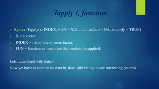 Tapply () function
 Syntax: Tapply(x, INDEX, FUN = NULL, …, default = NA, simplify = TRUE)
1. X = a vector,
2. INDEX = list of one or more factor,
3. FUN = function or operation that needs to be applied.
Lets understand with data :-
Now we have to summarize data by date with rating to see interesting patterns
 