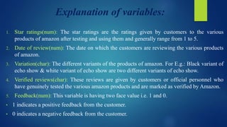 Explanation of variables:
1. Star ratings(num): The star ratings are the ratings given by customers to the various
products of amazon after testing and using them and generally range from 1 to 5.
2. Date of review(num): The date on which the customers are reviewing the various products
of amazon.
3. Variation(char): The different variants of the products of amazon. For E.g.: Black variant of
echo show & white variant of echo show are two different variants of echo show.
4. Verified reviews(char): These reviews are given by customers or official personnel who
have genuinely tested the various amazon products and are marked as verified by Amazon.
5. Feedback(num): This variable is having two face value i.e. 1 and 0.
• 1 indicates a positive feedback from the customer.
• 0 indicates a negative feedback from the customer.
 