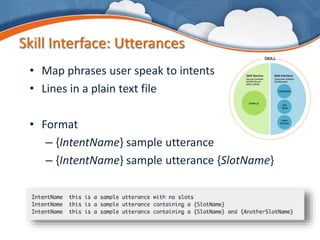 Skill Interface: Utterances
• Map phrases user speak to intents
• Lines in a plain text file
• Format
– {IntentName} sample utterance
– {IntentName} sample utterance {SlotName}
 
