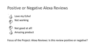 Positive or Negative Alexa Reviews
Love my Echo!
Not working
Not good at all!
Amazing product
Focus of the Project: Alexa Reviews: Is this review positive or negative?
 
